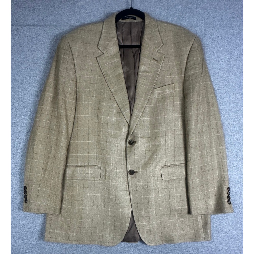 Ralph Lauren Silk Blazer Mens 43L Tan Windowpane Plaid Herringbone Sport‎ Coat